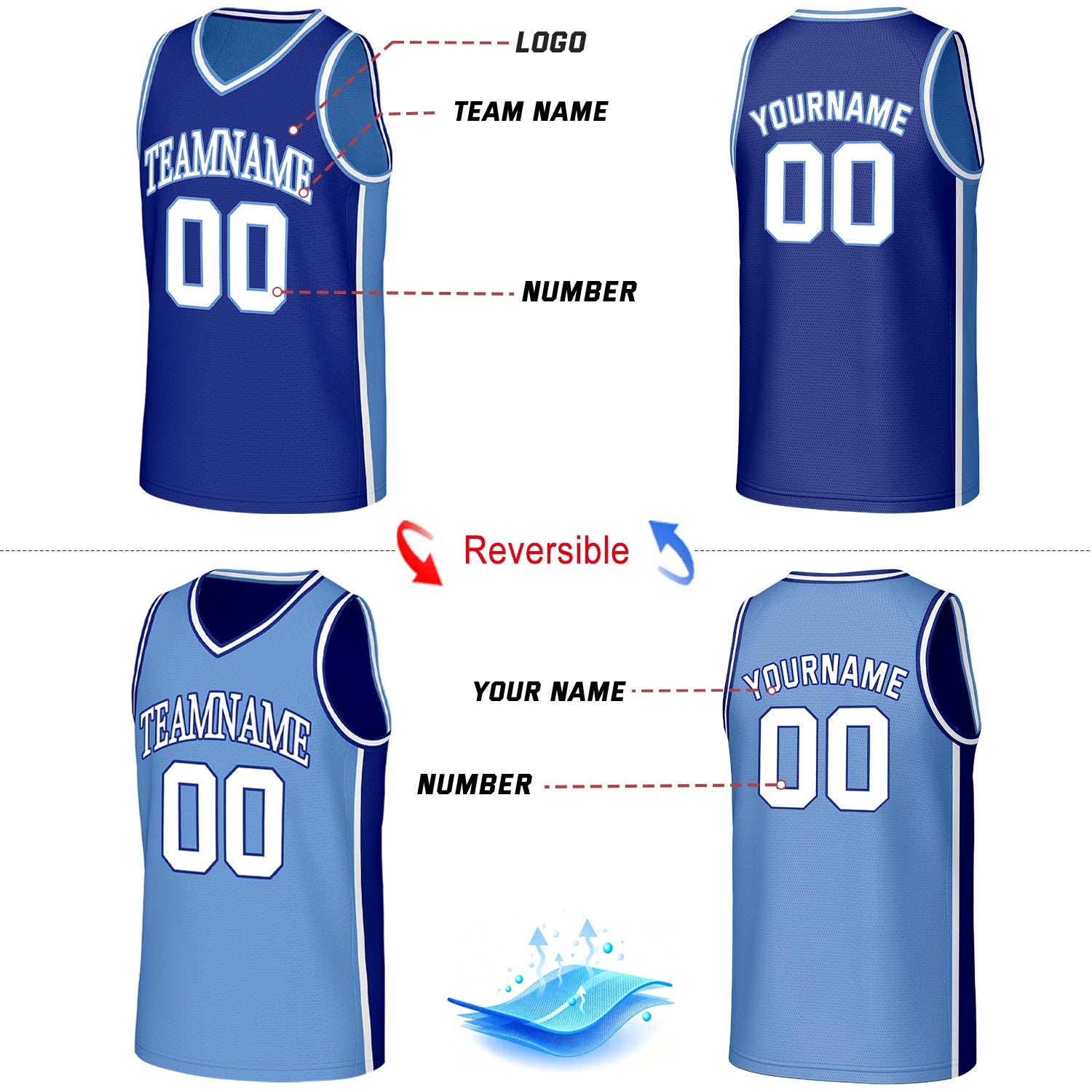 Custom Navy & Light Blue Reversible Basketball Jersey | Personalized Team Jerseys with Name Number Logo