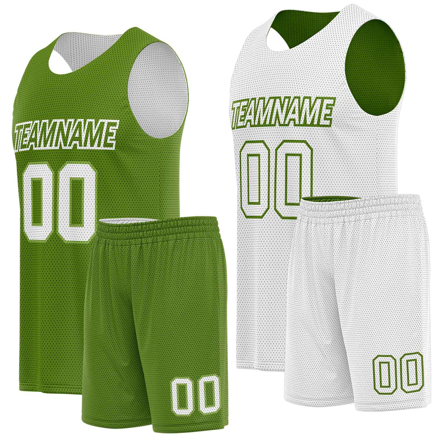 Custom reversible basketball uniform set olive green white by Vosoli. Personalized team name, player number & logo. Breathable mesh. Fast delivery.