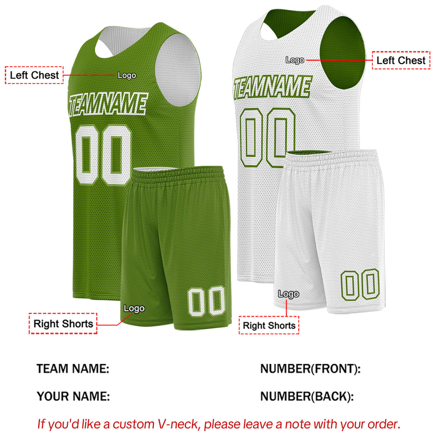 Custom Olive Green & White Double Sided Basketball Uniform Set | Breathable Mesh Tank Top and Shorts