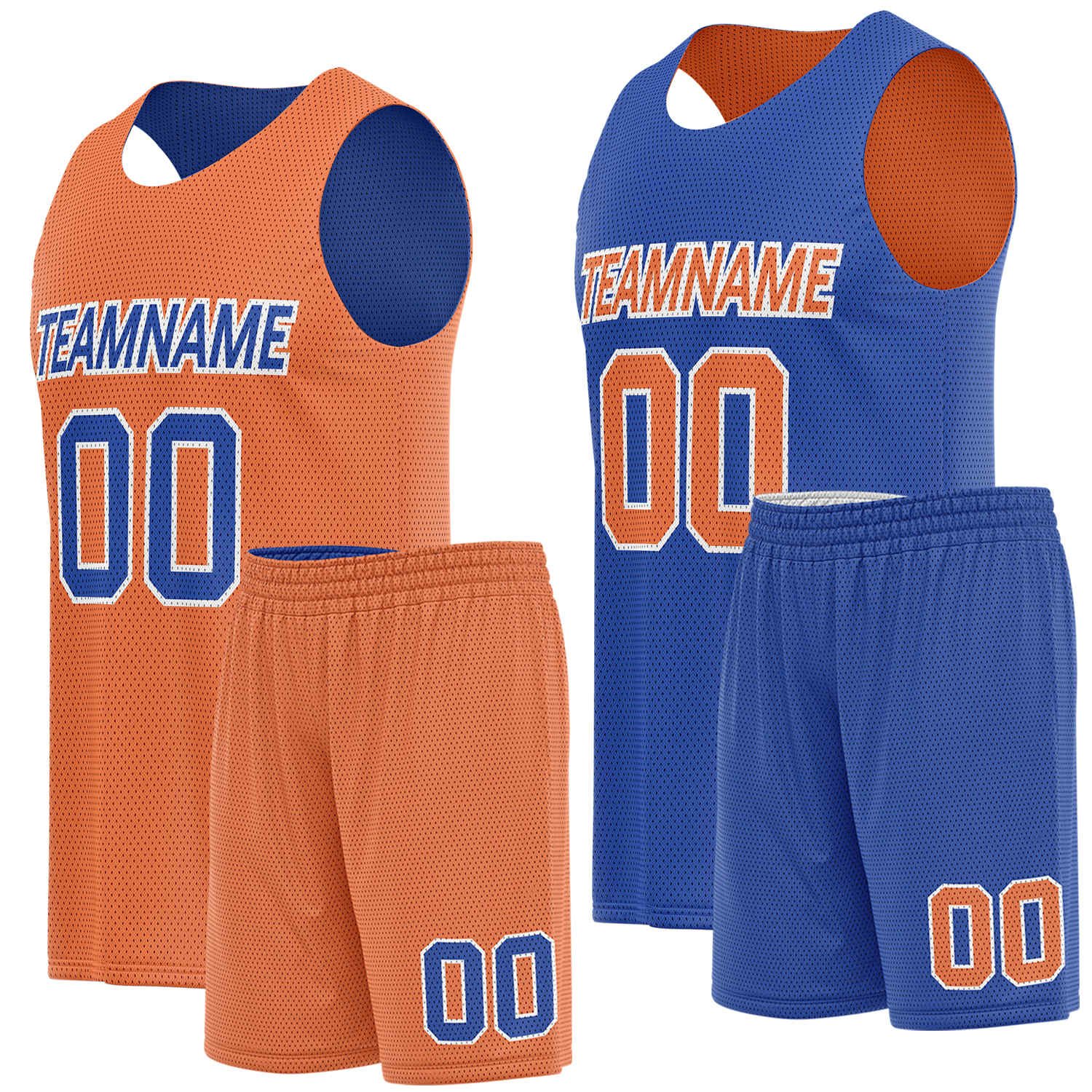 Custom reversible basketball uniform set orange royal blue by Vosoli. Personalized team name, player number & logo. Breathable mesh. Fast delivery.