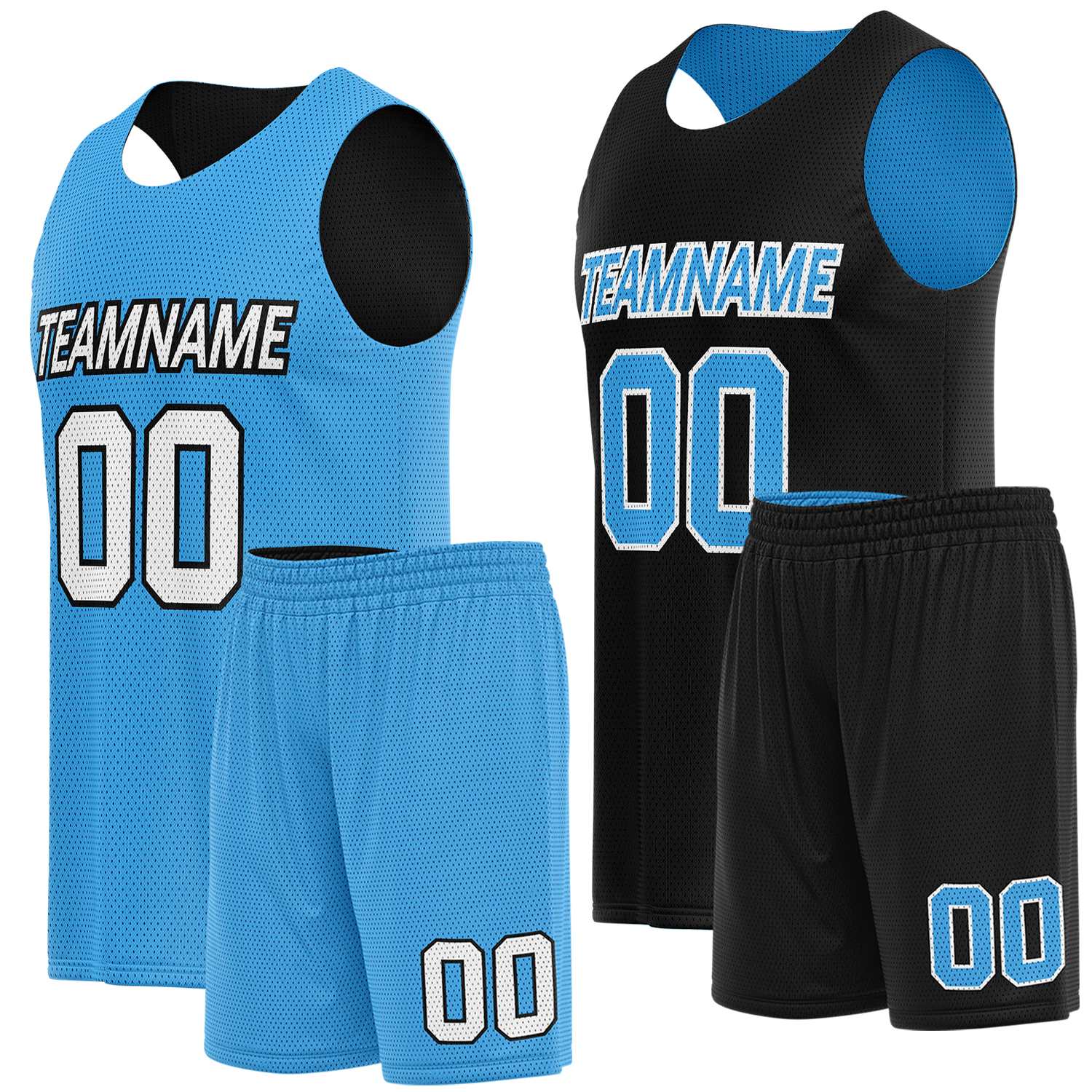 Custom reversible basketball uniform set sky blue black by Vosoli. Personalized team name, player number & logo. Breathable mesh. Fast delivery.