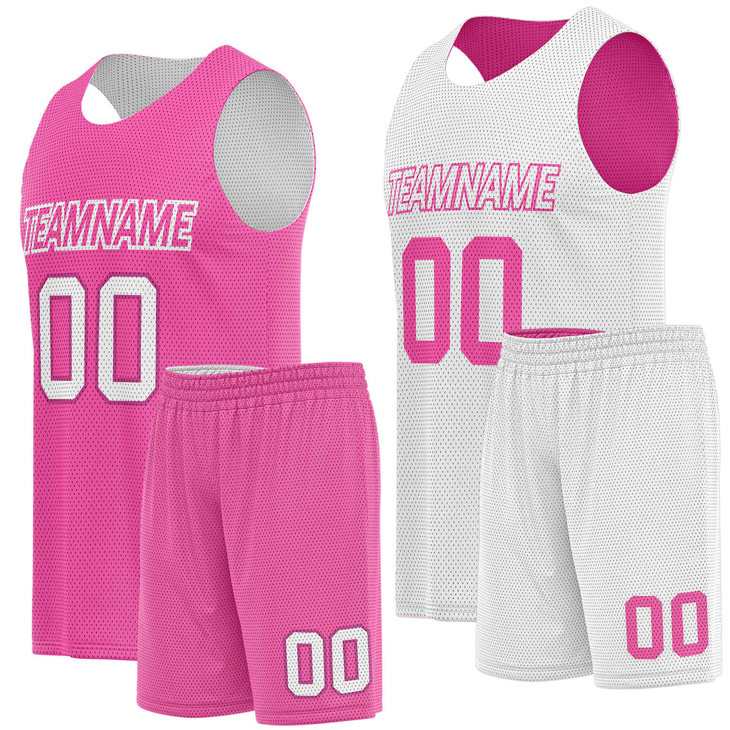Custom reversible basketball uniforms hot pink white by Vosoli. Personalized team name, player number & logo. Breathable mesh. Fast delivery.