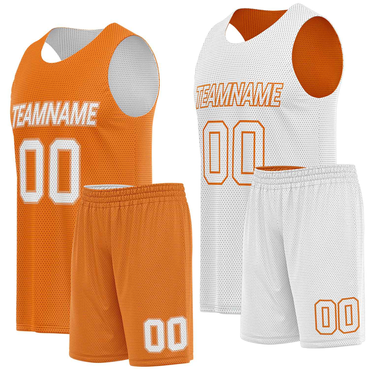 Custom reversible basketball uniforms orange white by Vosoli. Personalized team name, player number & logo. Breathable mesh. Fast delivery.