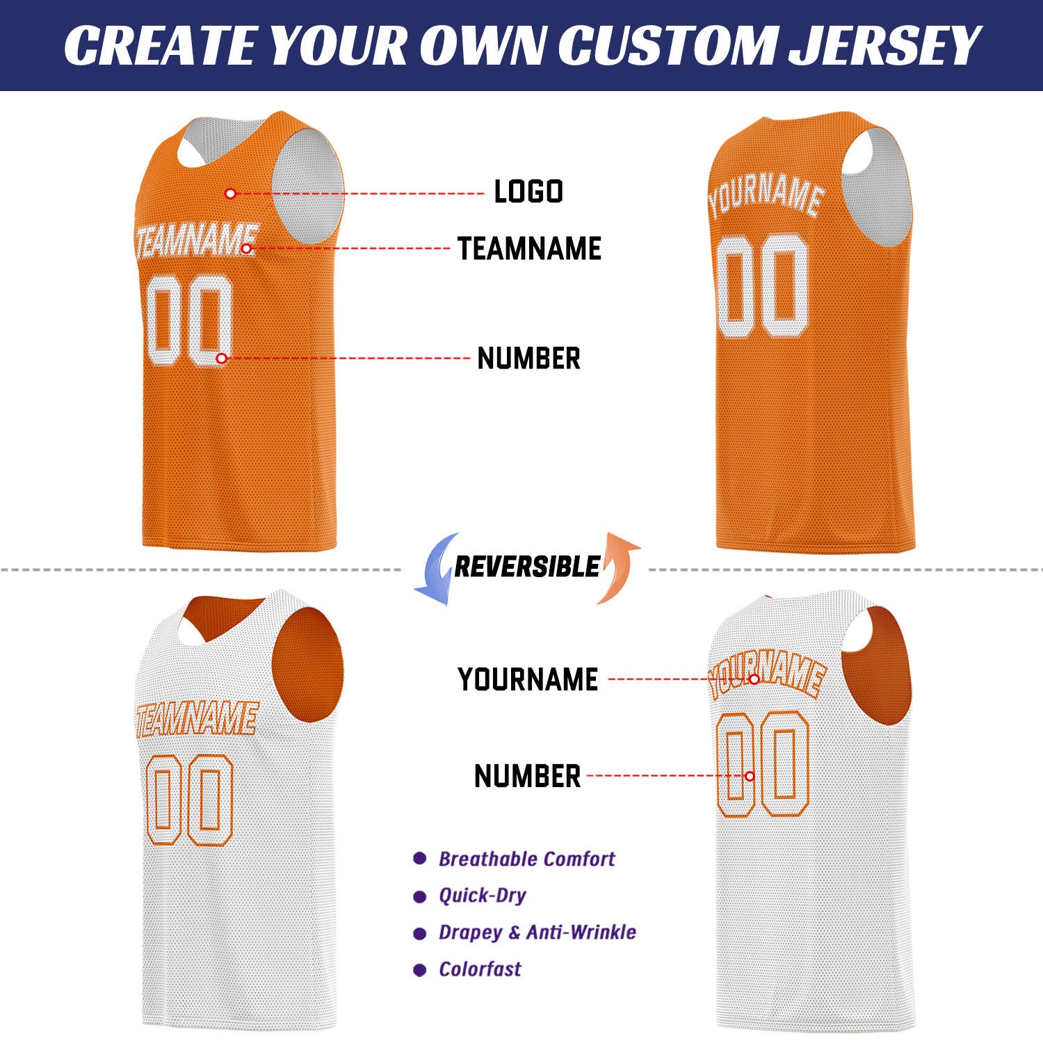 Custom Orange & White Reversible Basketball Uniform Set | Breathable Mesh Tank Top and Shorts