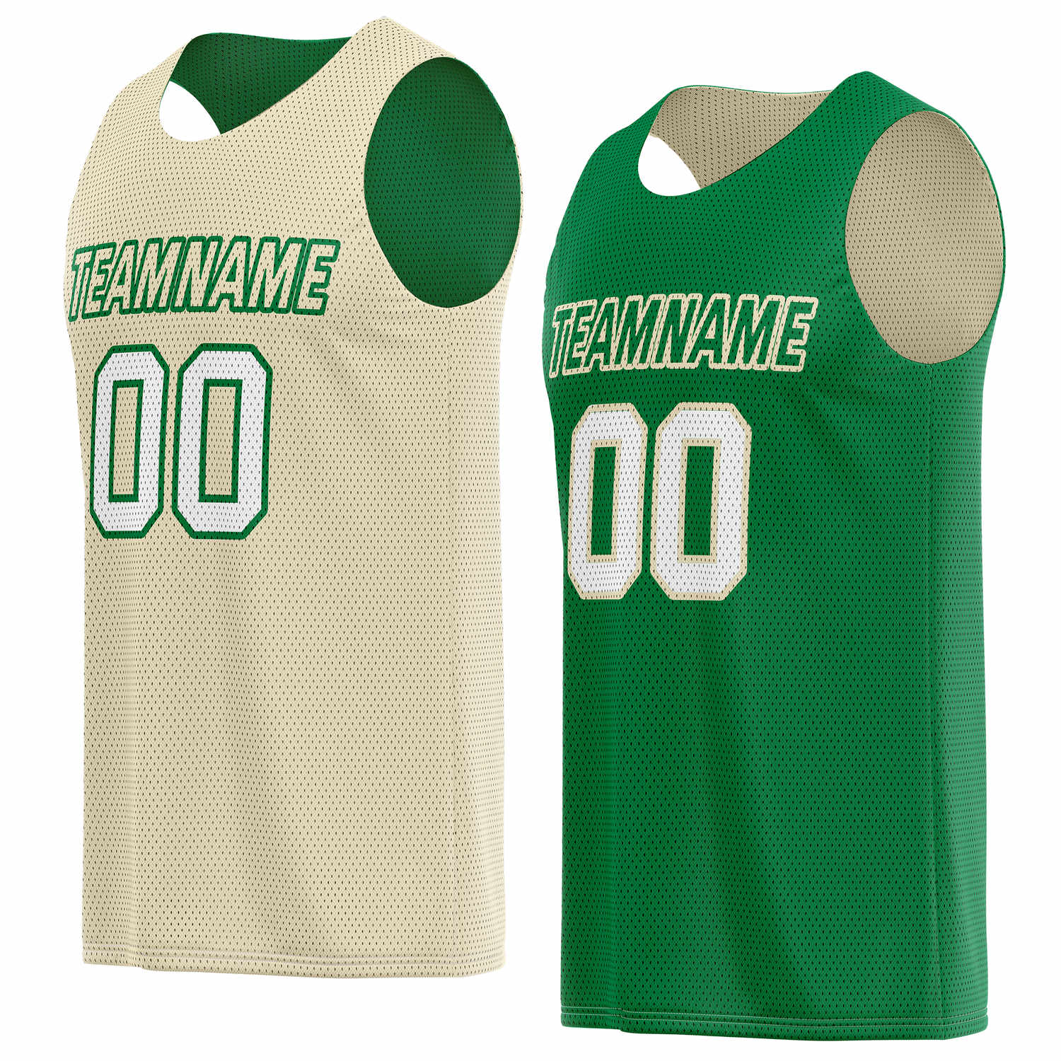Custom reversible beige & green basketball jersey, personalized team name number logo breathable mesh sports top for men women youth game practice wear