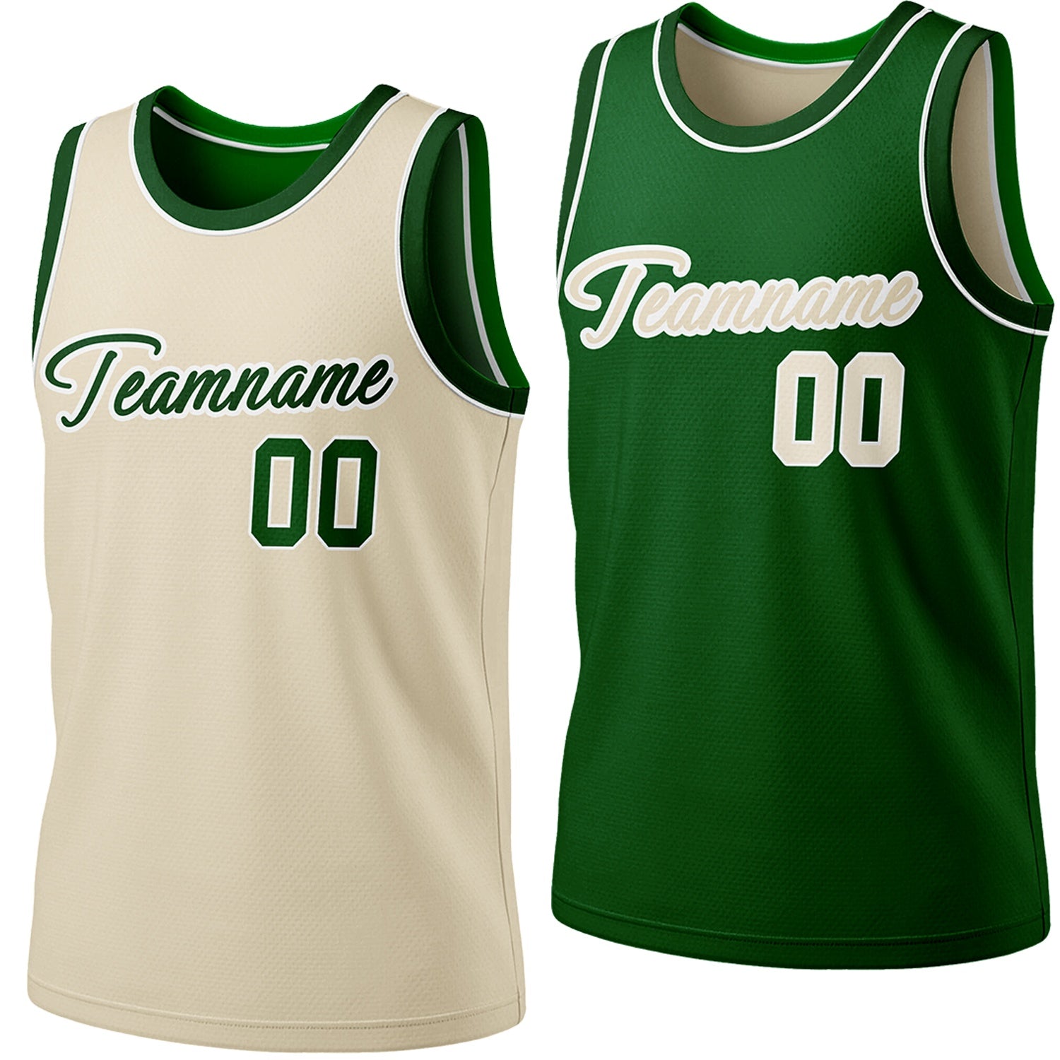 Custom reversible beige & green basketball jersey, personalized script team name number Logo breathable sports top for men women youth Adult game practice - Vosoli