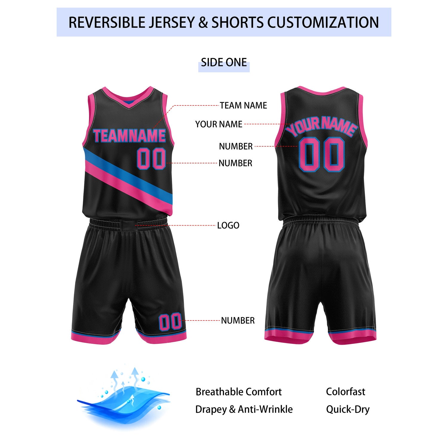 Custom Reversible Black Blue Pink Basketball Uniform Set | Team & Player Name - Vosoli