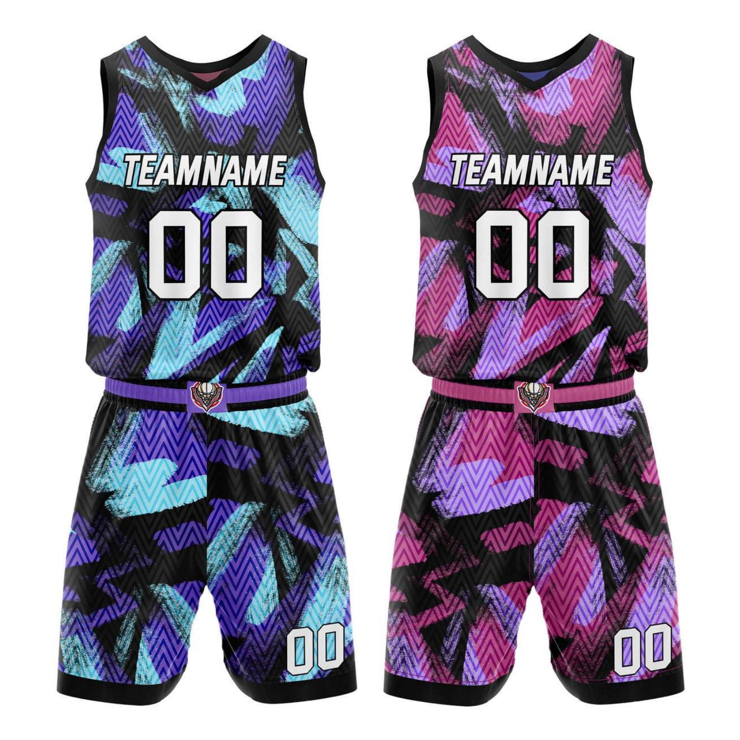 Custom Reversible Basketball Jersey + Shorts Set (Black-Purple-Pink Geo Pattern) - Personalized Team Name, Number & LOGO | Vosoli