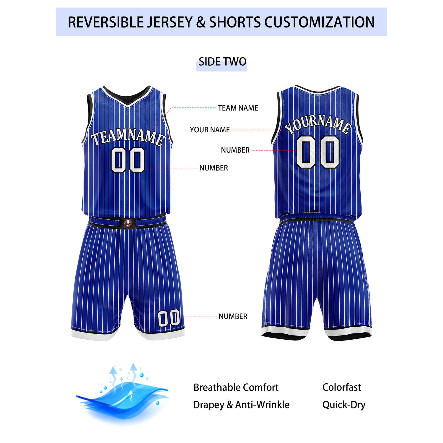 Custom Reversible Black Blue Striped Basketball Uniform Set | Team & Player Name - Vosoli