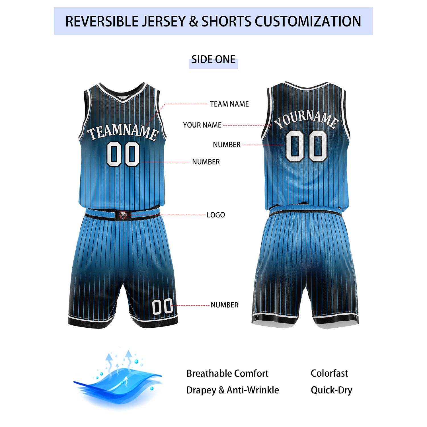 Custom Reversible Black Blue White Gradient Striped Basketball Uniform Set | Team & Player Name - Vosoli