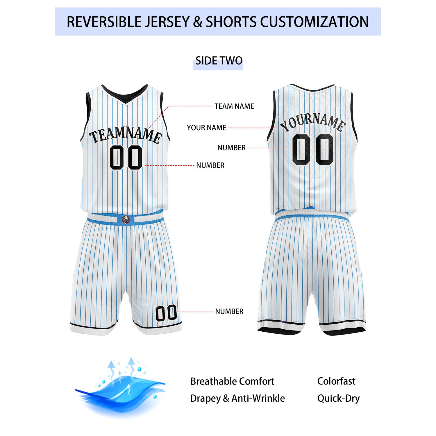 Custom Reversible Black Blue White Gradient Striped Basketball Uniform Set | Team & Player Name - Vosoli