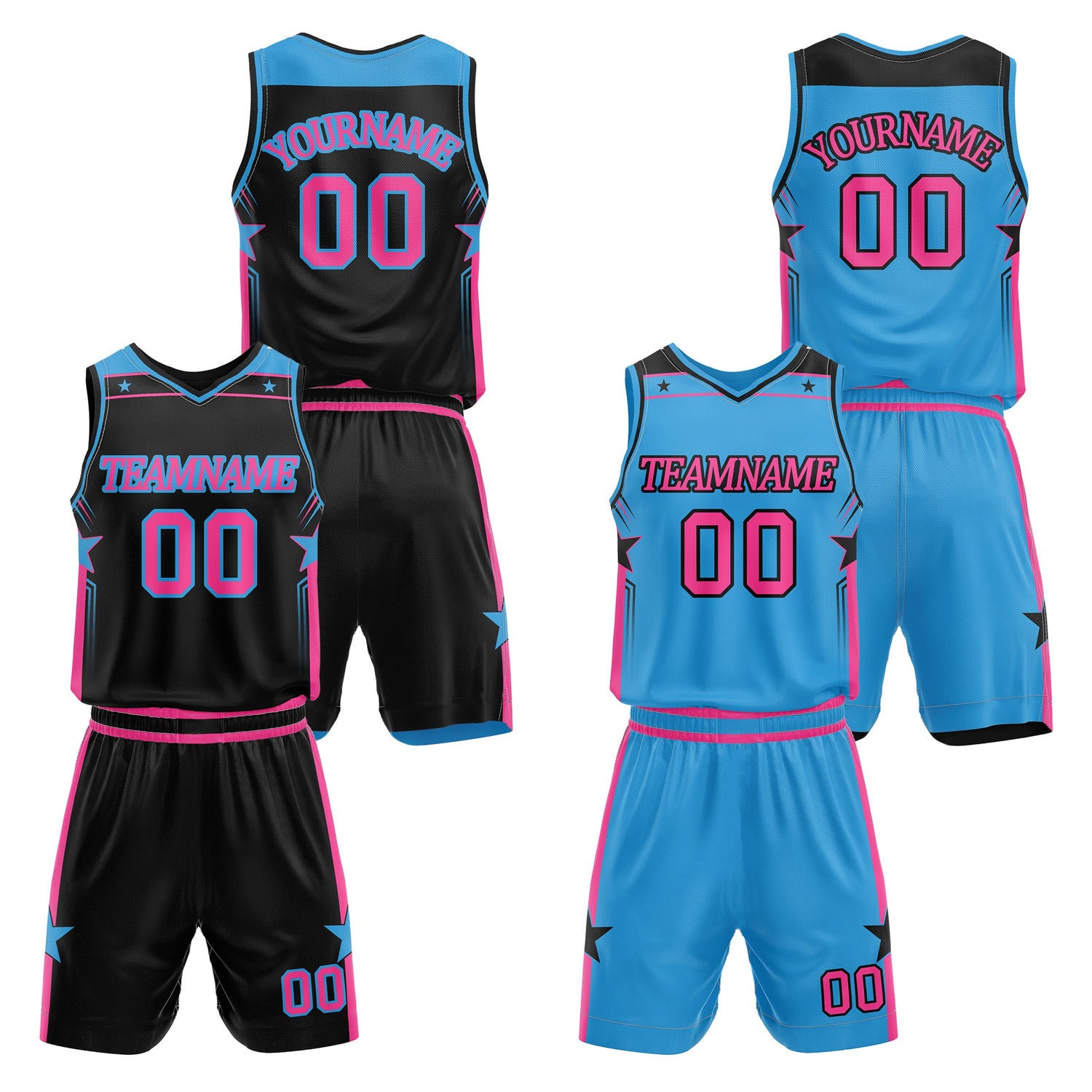 Custom reversible black & bright blue basketball uniform set, personalized with team name number and logo, breathable mesh fabric for men women youth game practice - Vosoli