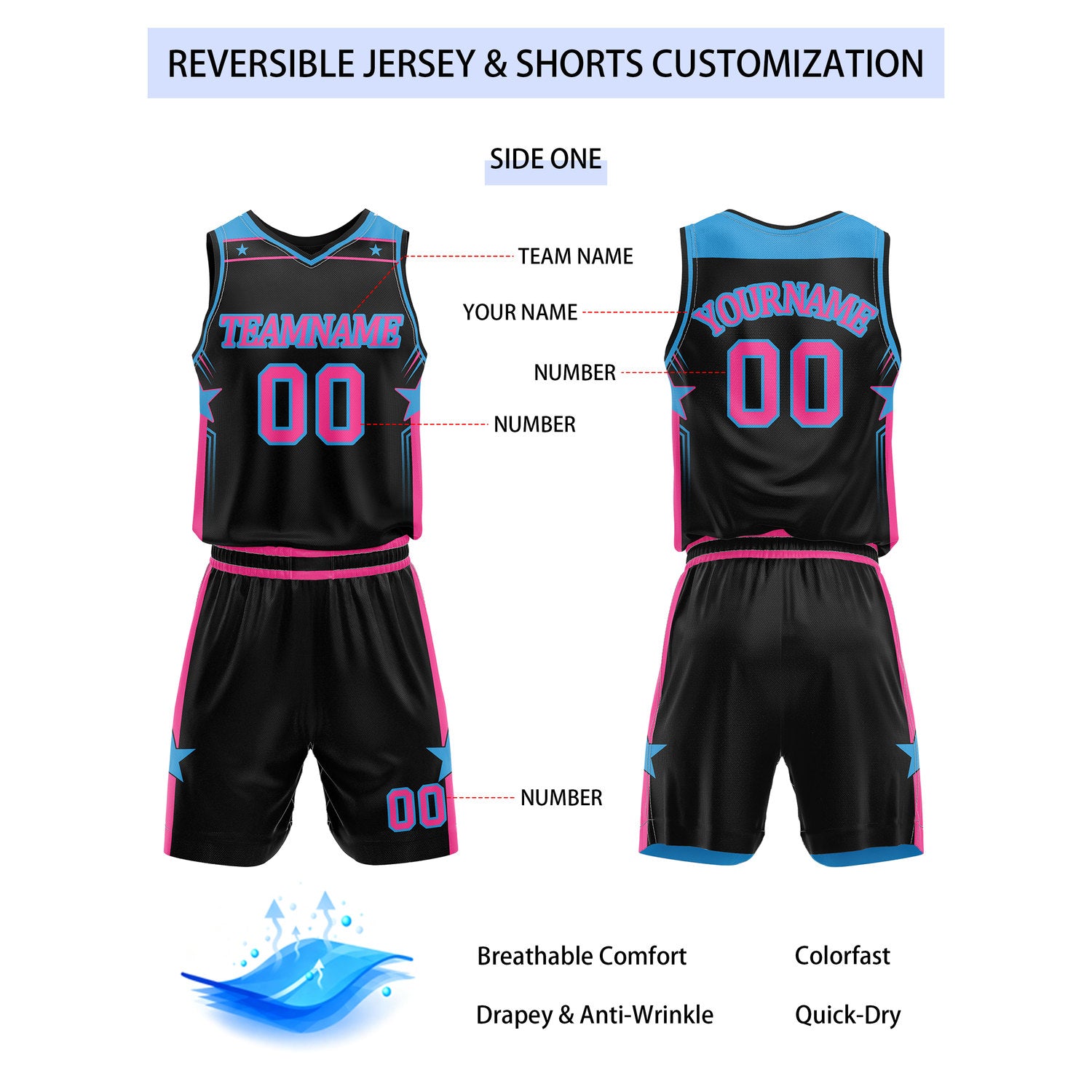 Custom Reversible Black Bright Blue Star Basketball Uniform Set | Team Name & Number - Vosoli