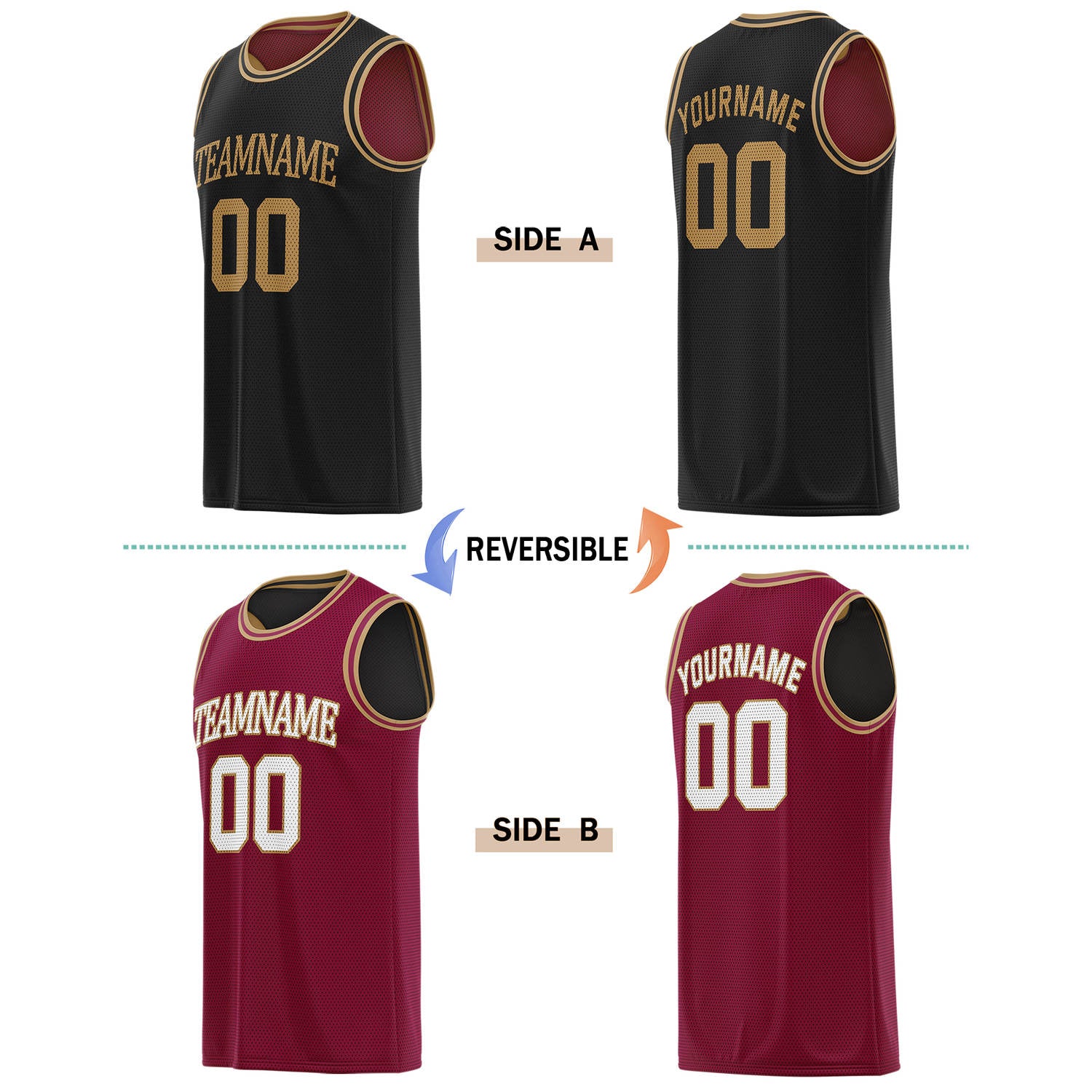 Custom Reversible Black & Burgundy Basketball Jersey | Personalized for Team Sports - Vosoli