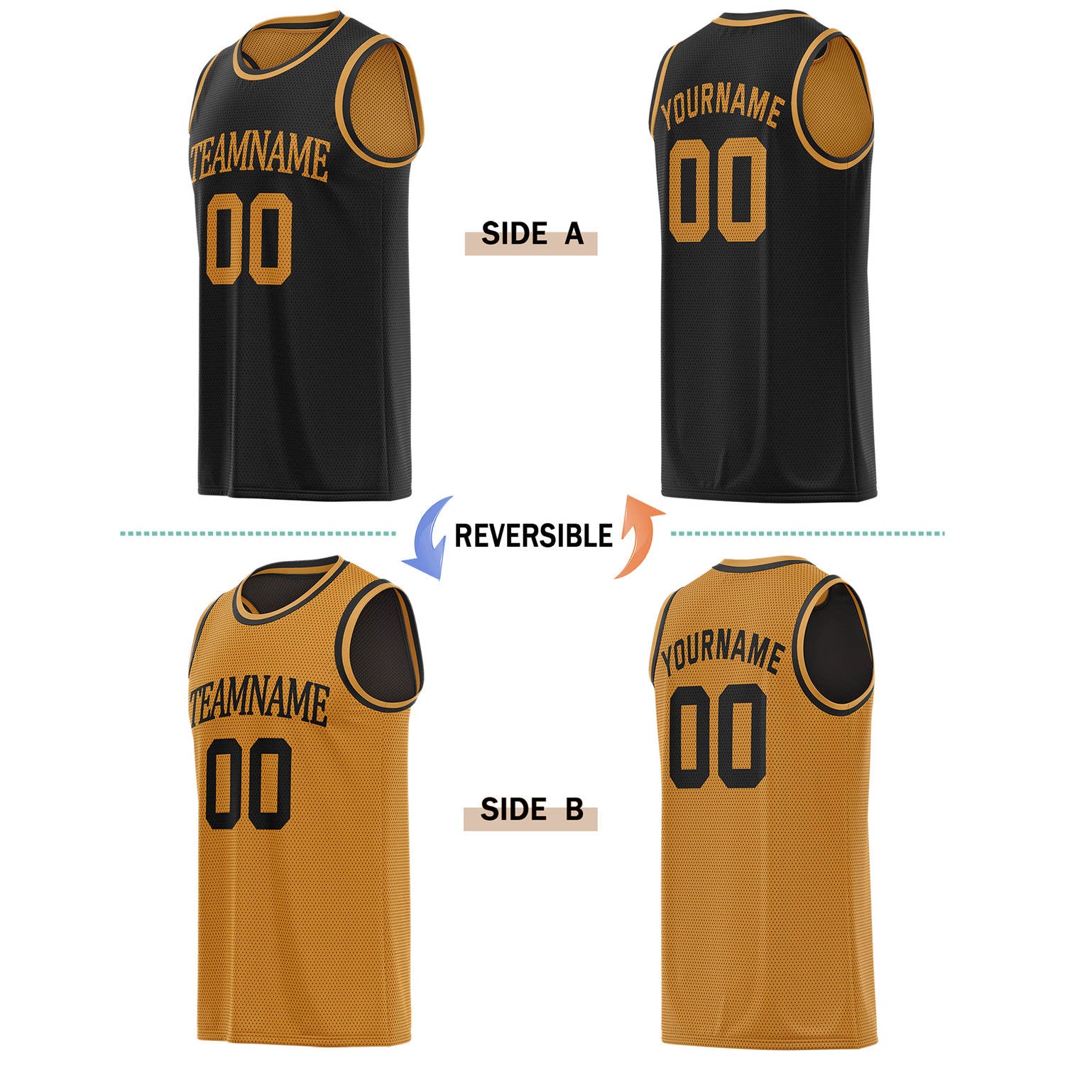 Custom Reversible Black & Gold Basketball Jersey | Personalized for Team Sports - Vosoli