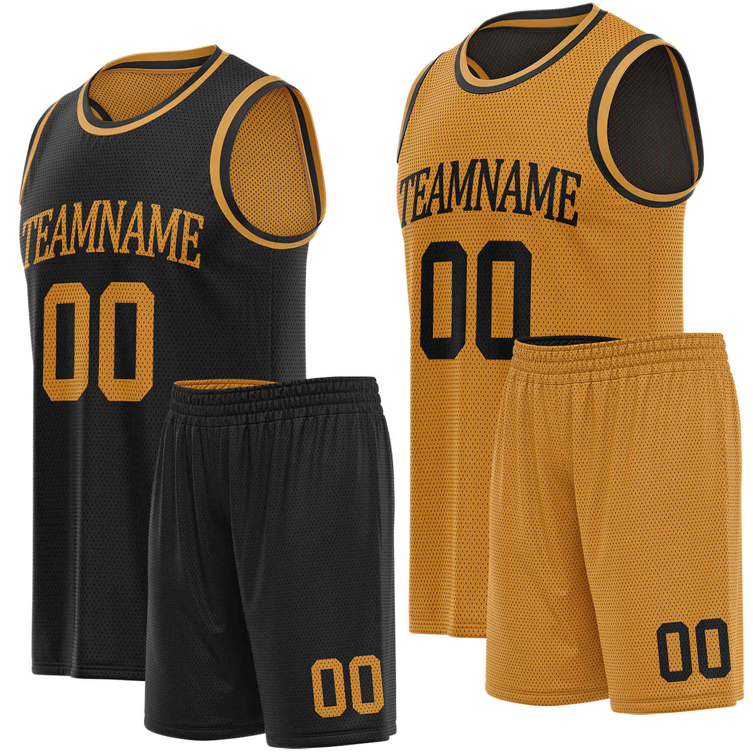 Custom reversible black & gold basketball uniform set, personalized team name number logo breathable mesh sports jersey and shorts for men women youth game practice - Vosoli