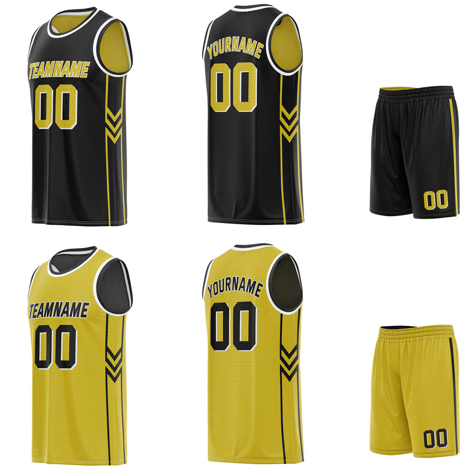 Custom reversible black & gold basketball uniform set, personalized with team name number and logo, breathable mesh fabric for men women youth game practice - Vosoli