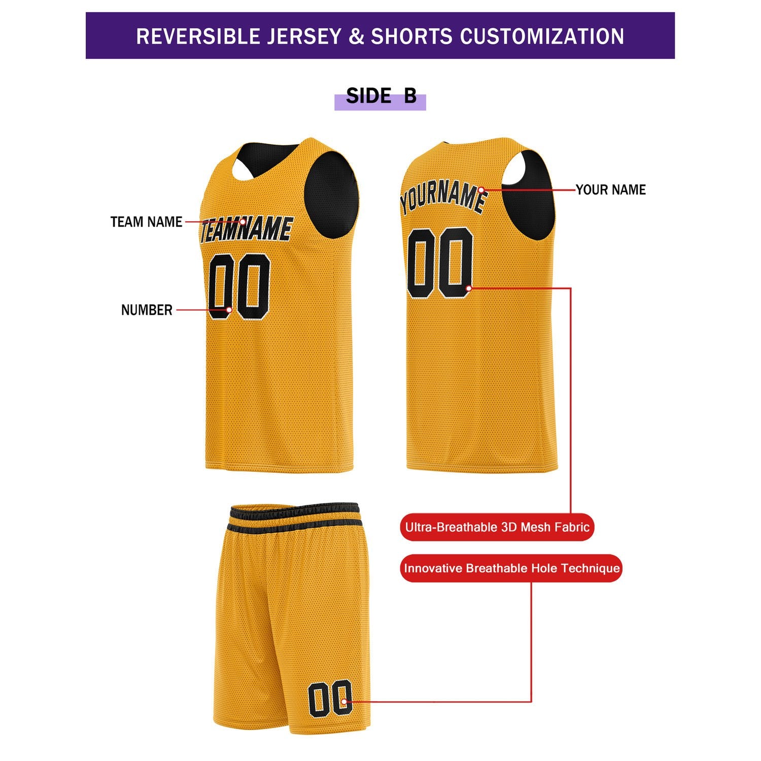 Custom Reversible Black Gold Basketball Uniform Set | Team Name & Number - Vosoli