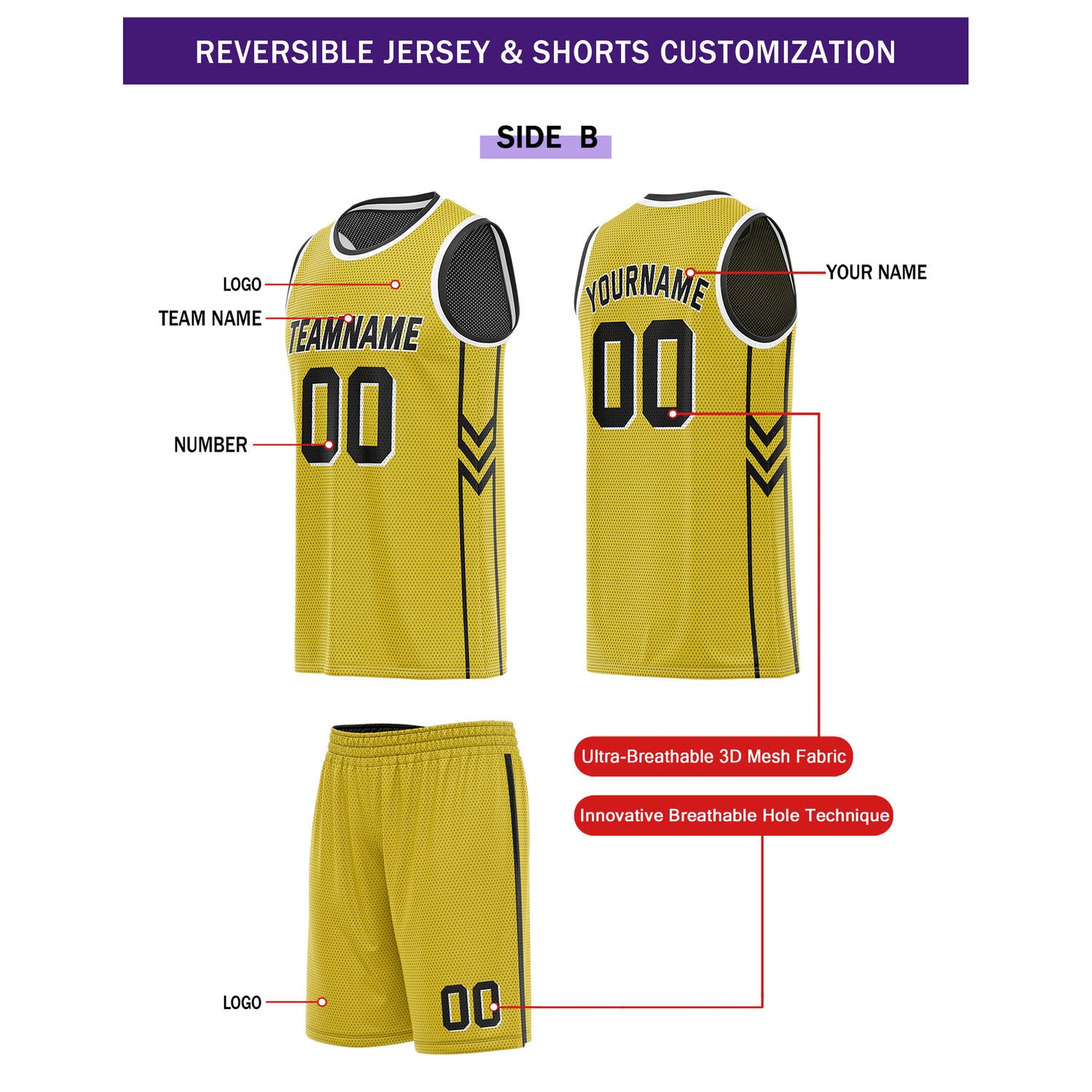 Custom Reversible Black Gold Basketball Uniform Set | Team Name & Number - Vosoli