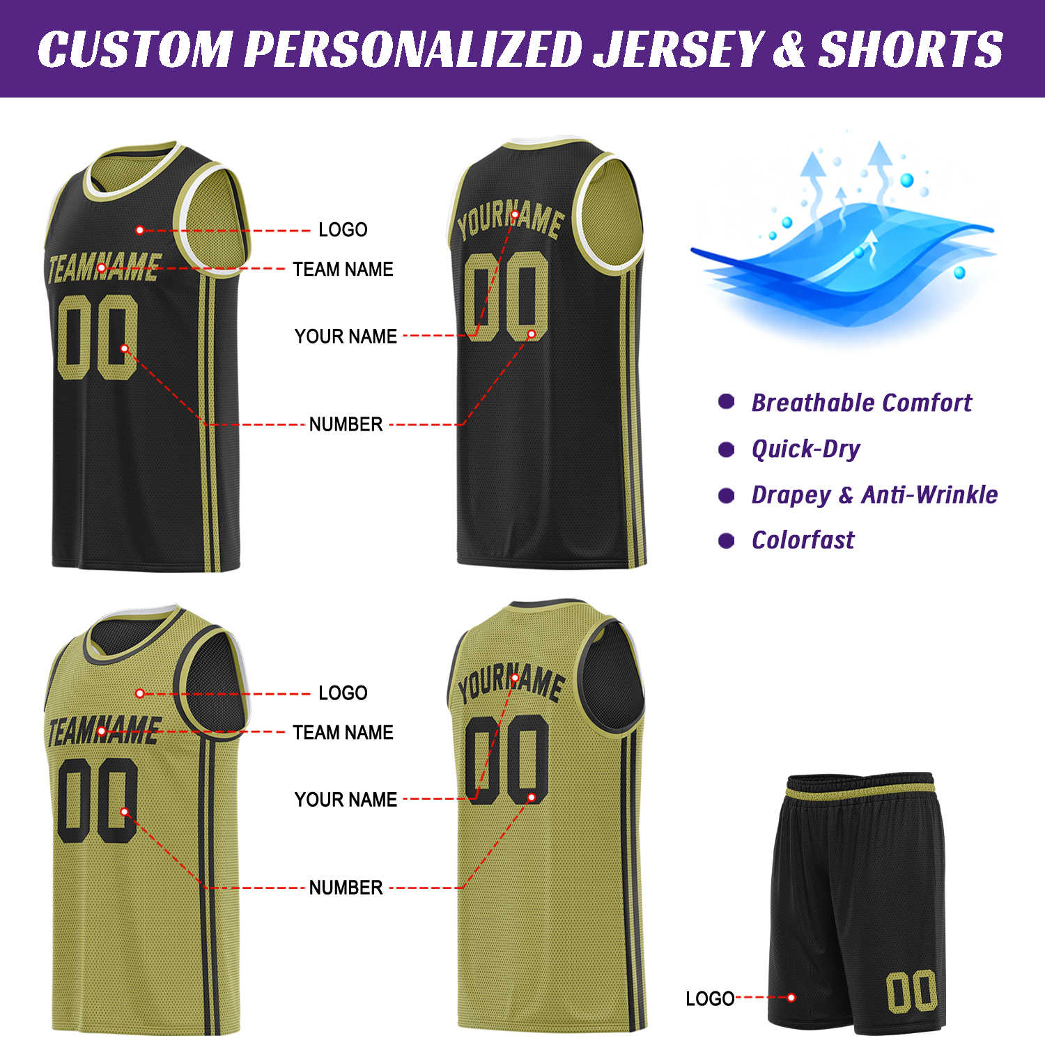 Custom Reversible Black & Gold Basketball Uniform | Jersey & Shorts Set - Vosoli