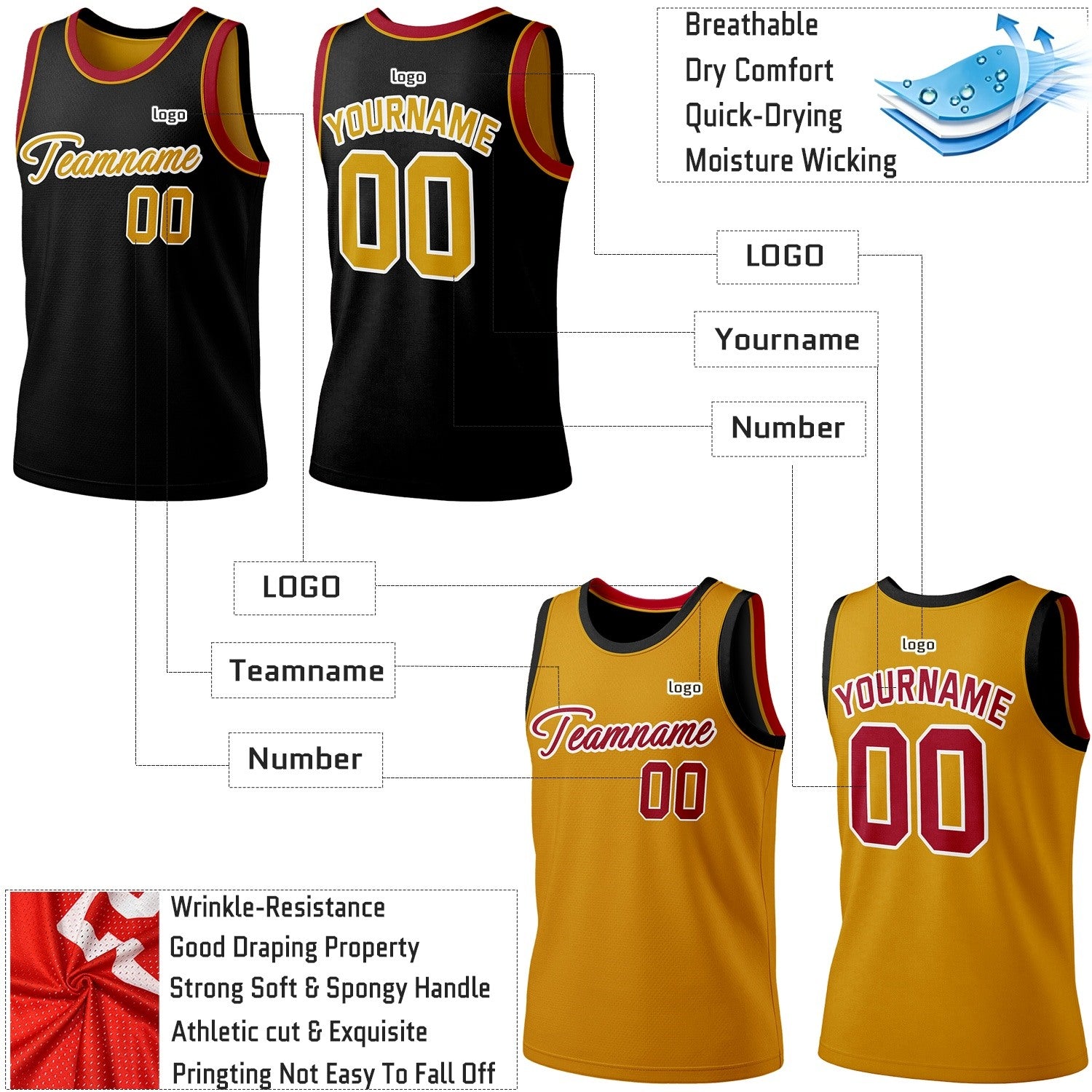 Custom Reversible Black & Gold Basketball Jersey | Personalized Team Jersey | Vosoli