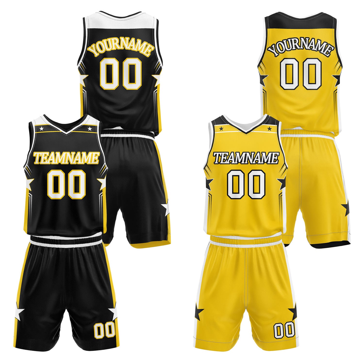 Custom reversible black & gold basketball uniform set, personalized with team name number and logo, breathable mesh fabric for men women youth game practice - Vosoli
