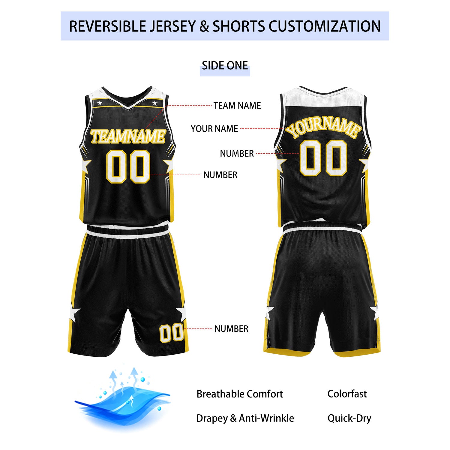 Custom Reversible Black Gold Star Basketball Uniform Set | Team Name & Number - Vosoli