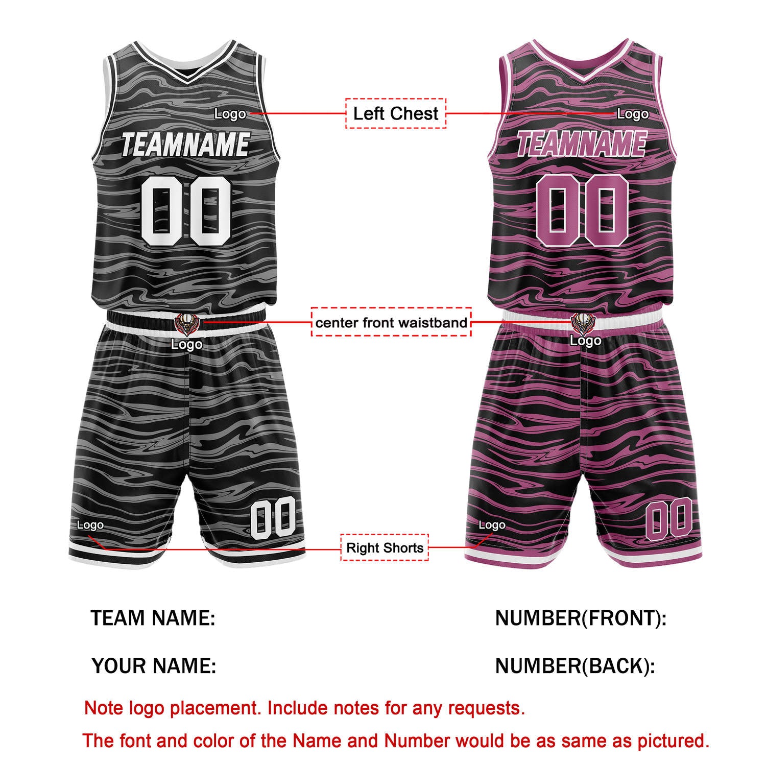 Custom Reversible Black-Gray & Black-Pink Wave Basketball Jersey Set - Personalized Team Name, Number & LOGO | Vosoli