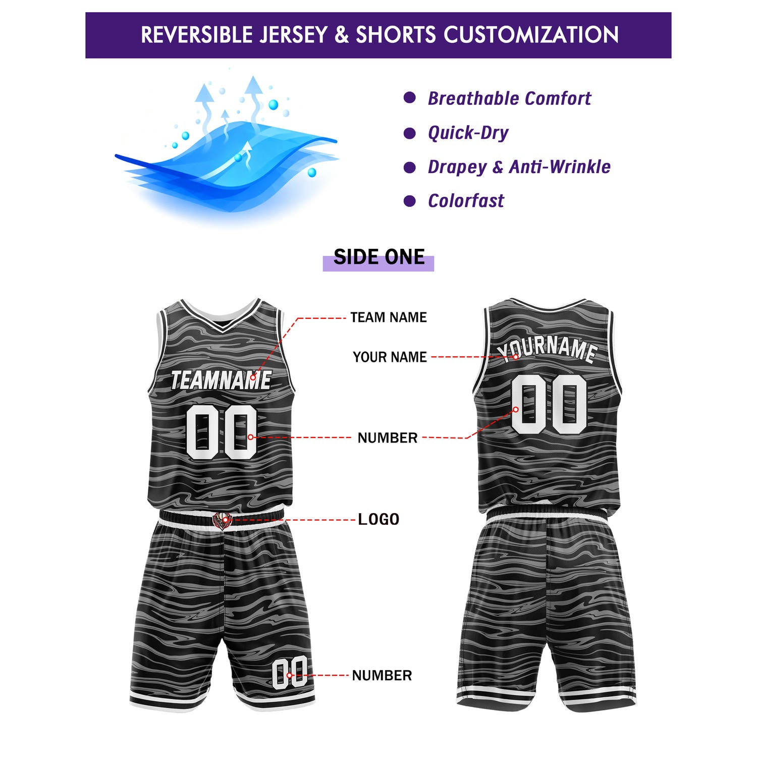 Custom Reversible Black-Gray & Black-Pink Wave Basketball Jersey Set - Personalized Team Name, Number & LOGO | Vosoli