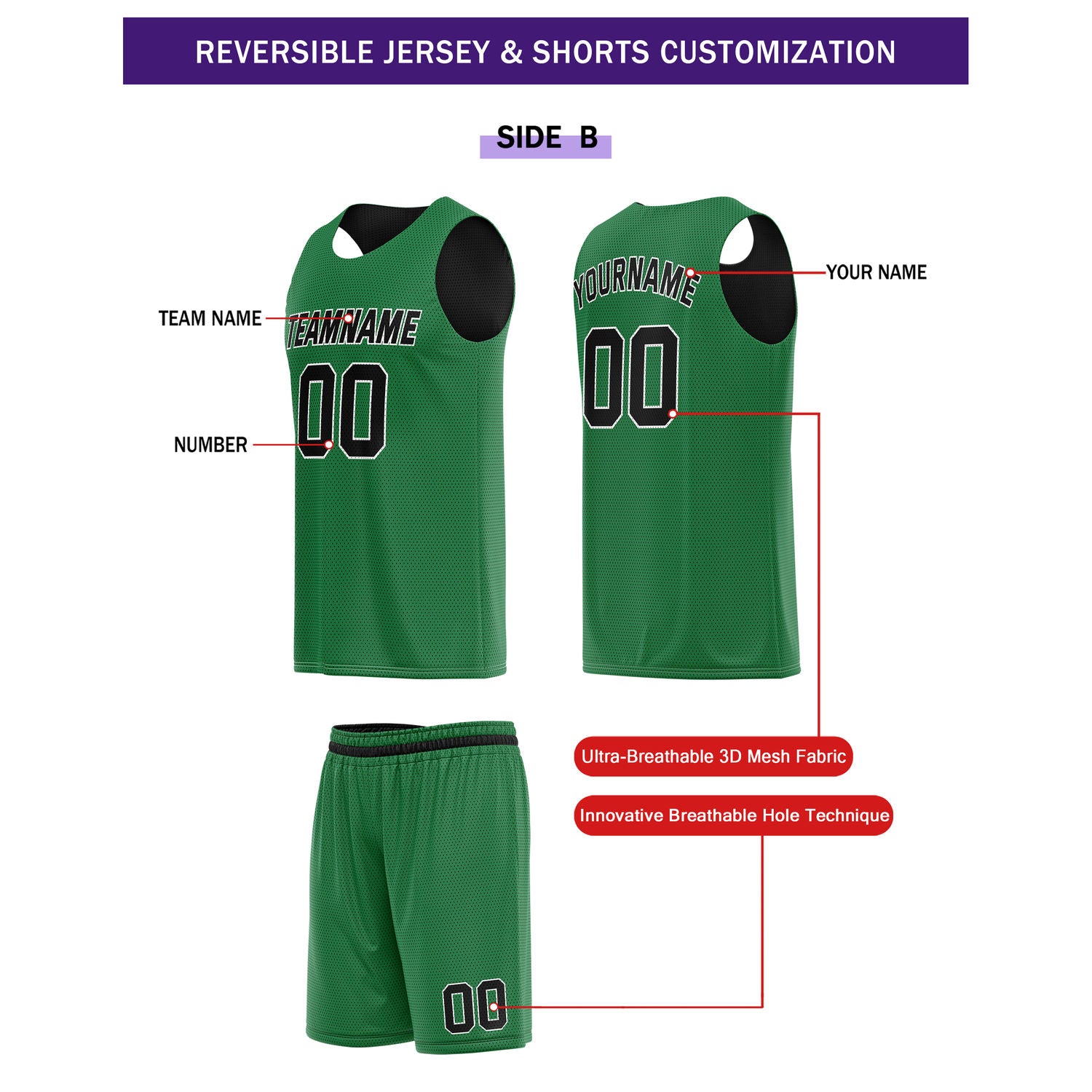 Custom Reversible Black Green Basketball Uniform Set | Team Name & Number - Vosoli