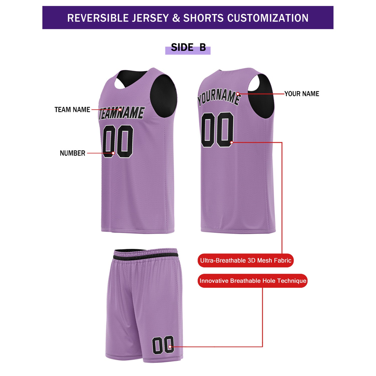 Custom Reversible Black Lavender Basketball Uniform Set | Team Name & Number - Vosoli