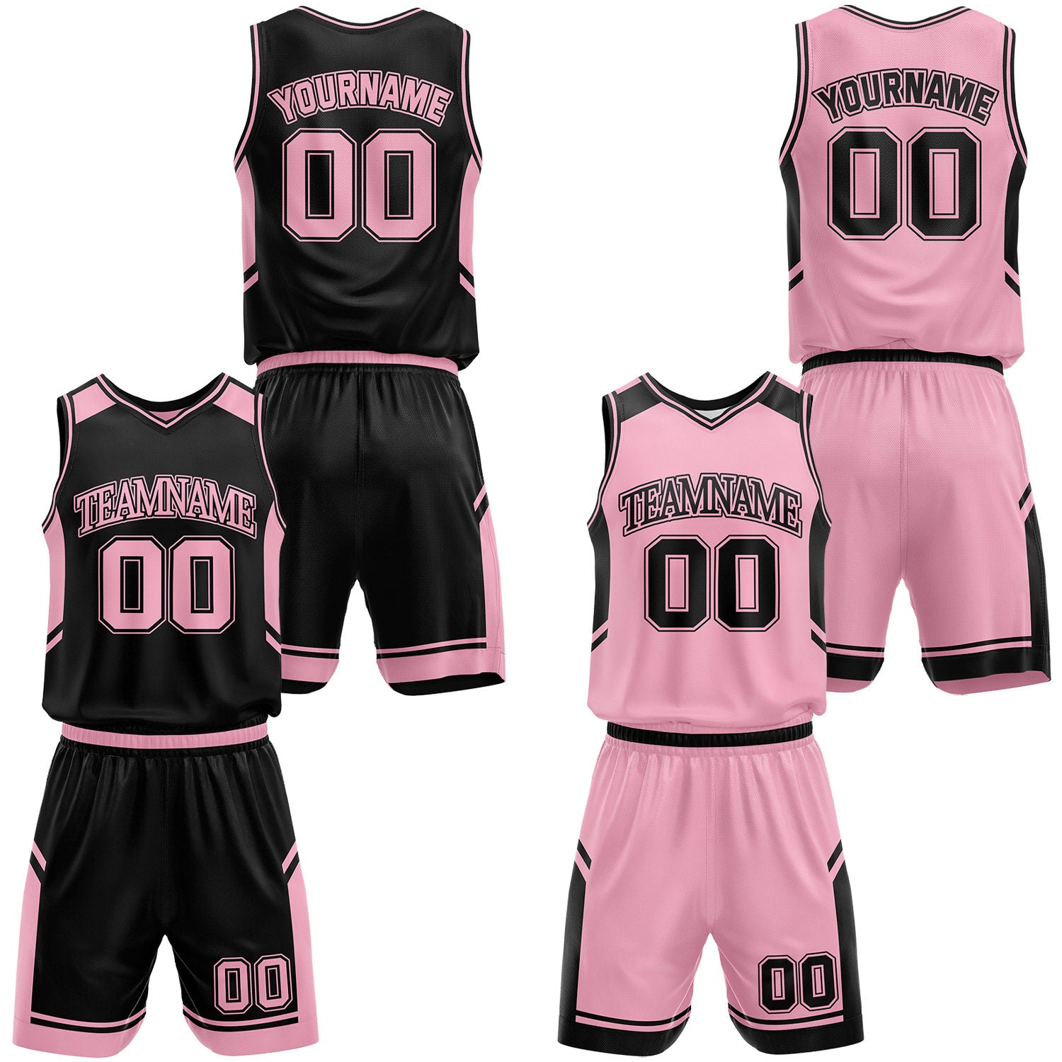 Custom reversible black and light pink basketball jerseys and shorts set, personalized team name, player number and logo, breathable moisture wicking mesh for youth and adult games.