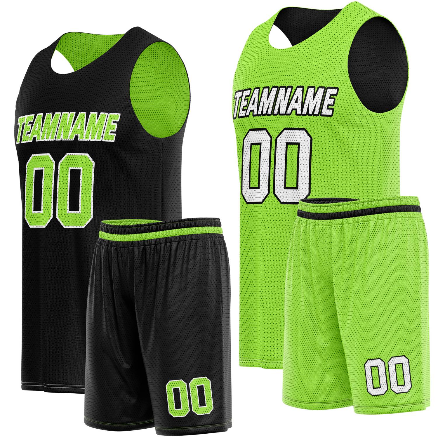 Custom Reversible Black Neon Green Basketball Jersey Shorts Set, Personalized Team Name Number Breathable Mesh Uniform for Men Women Youth