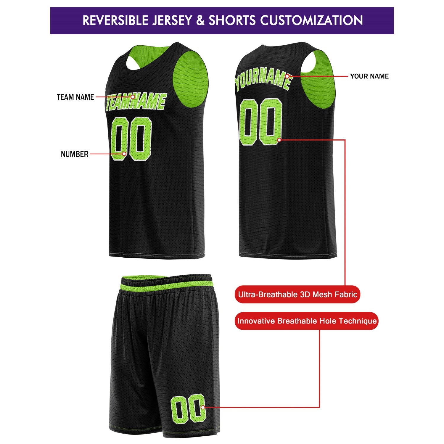 Custom Reversible Black Neon Green Basketball Jersey & Shorts Set | Personalized Team Kit | Vosoli