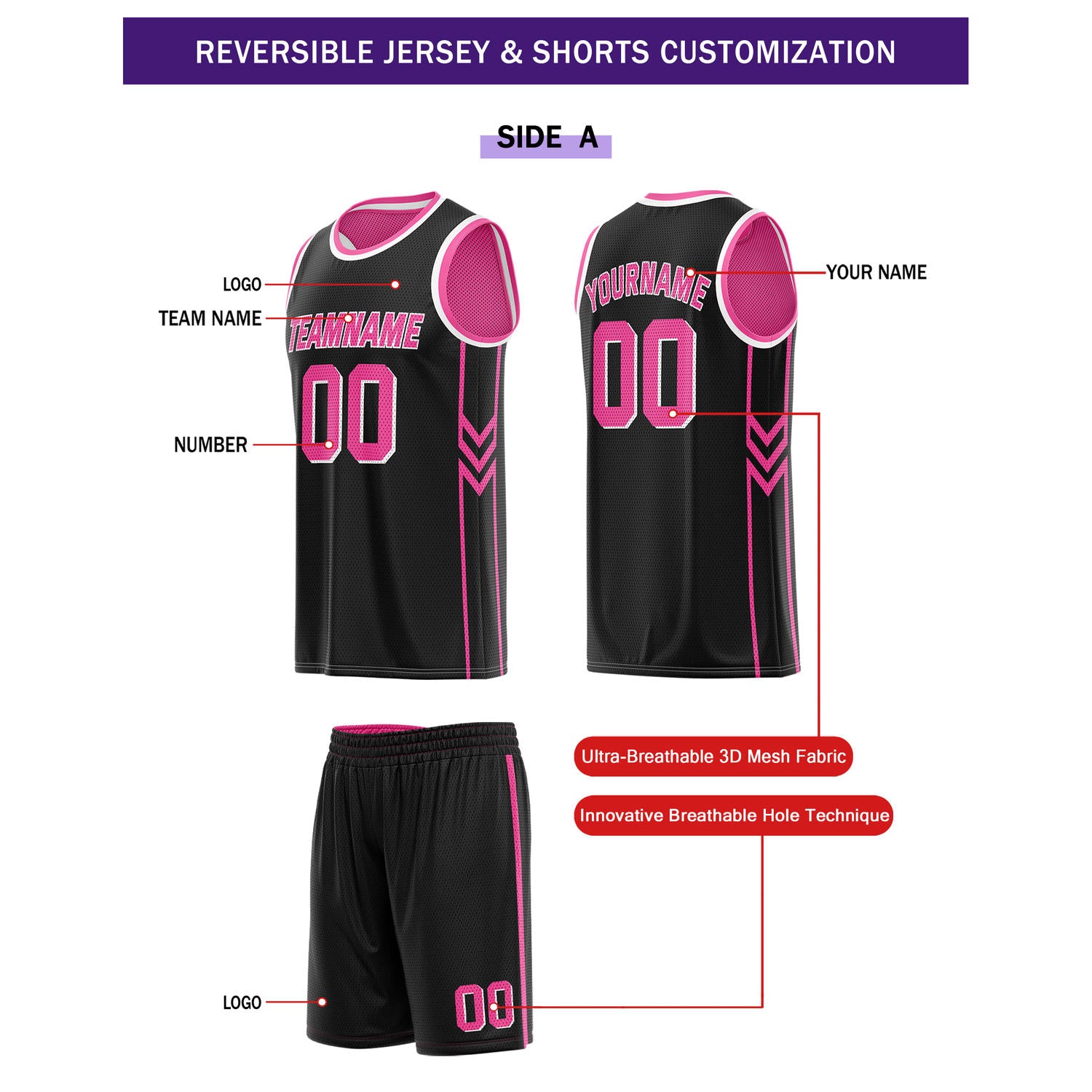 Custom Reversible Black Neon Pink Basketball Uniform Set | Team Name & Number - Vosoli