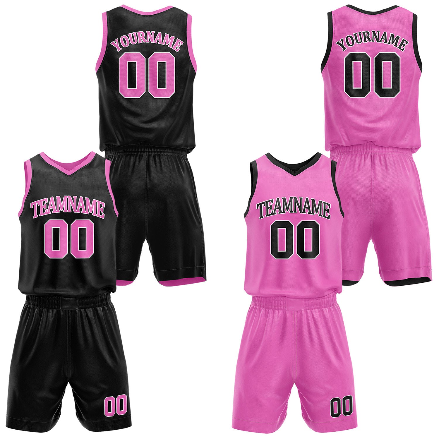 Custom reversible black & pink basketball uniform set, personalized with team name number and logo, sports jersey and shorts for men women youth game practice - Vosoli