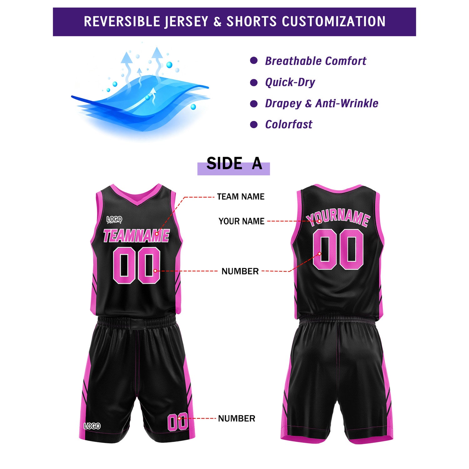 Custom Black Pink Basketball Uniforms for Youth & Adults - Reversible Jersey Set - Vosoli