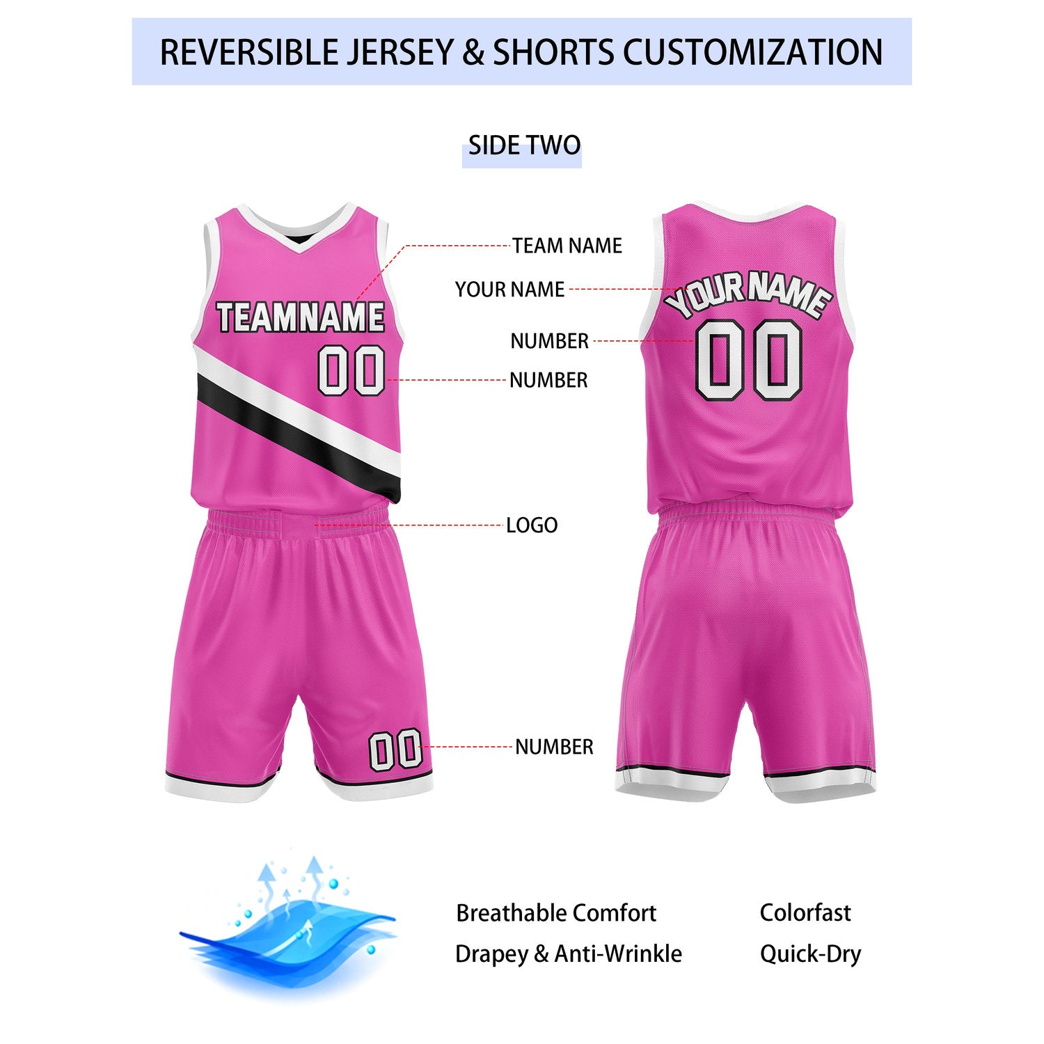 Custom Reversible Black Pink Basketball Uniform Set | Team & Player Name - Vosoli