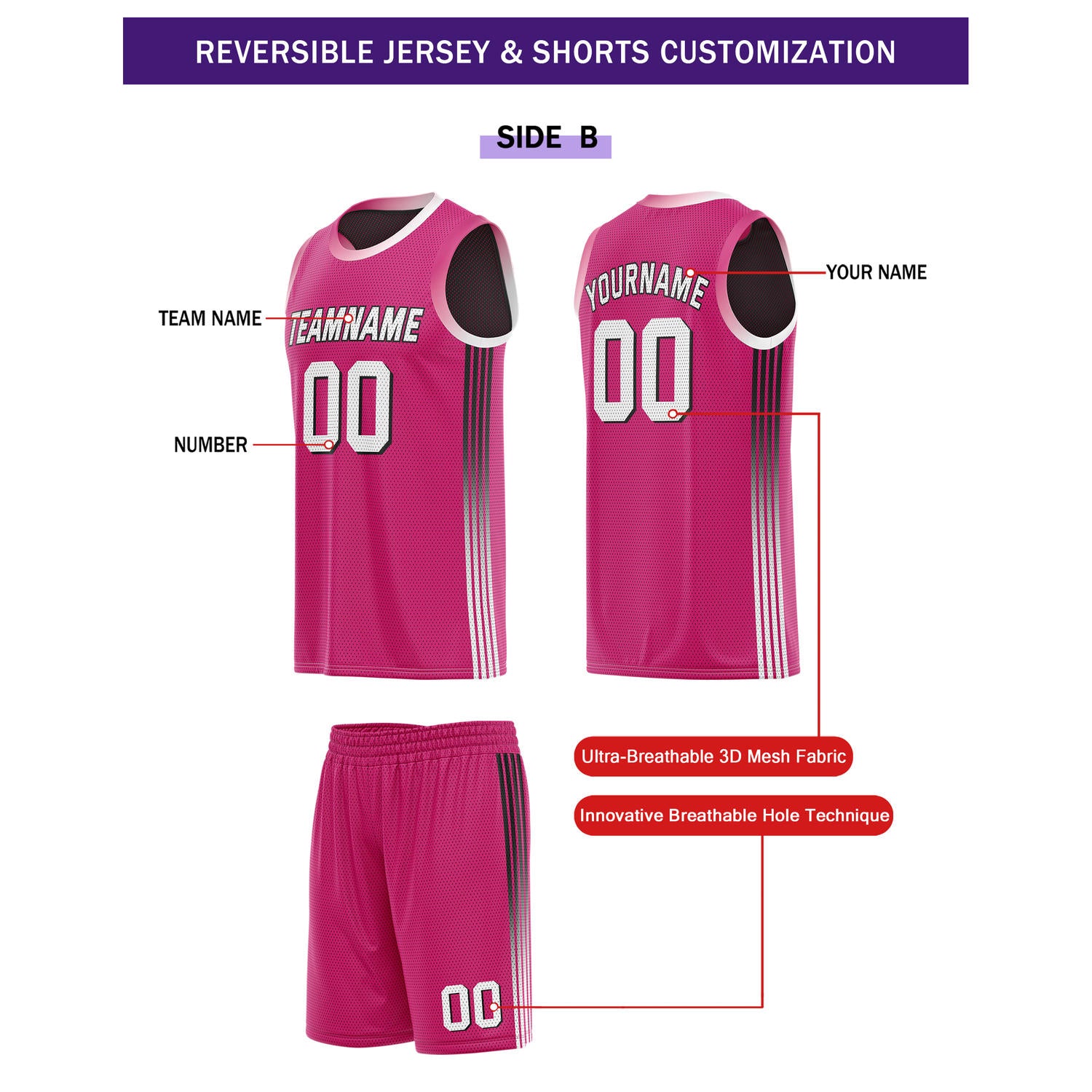Custom Reversible Black Pink Basketball Uniform Set | Team & Player Name - Vosoli