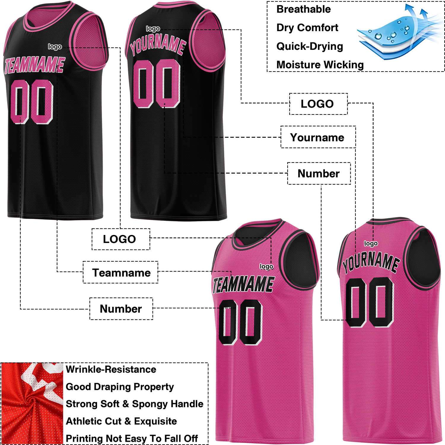 Custom Reversible Black & Pink Mesh Basketball Jersey | Personalized Team Jersey | Vosoli