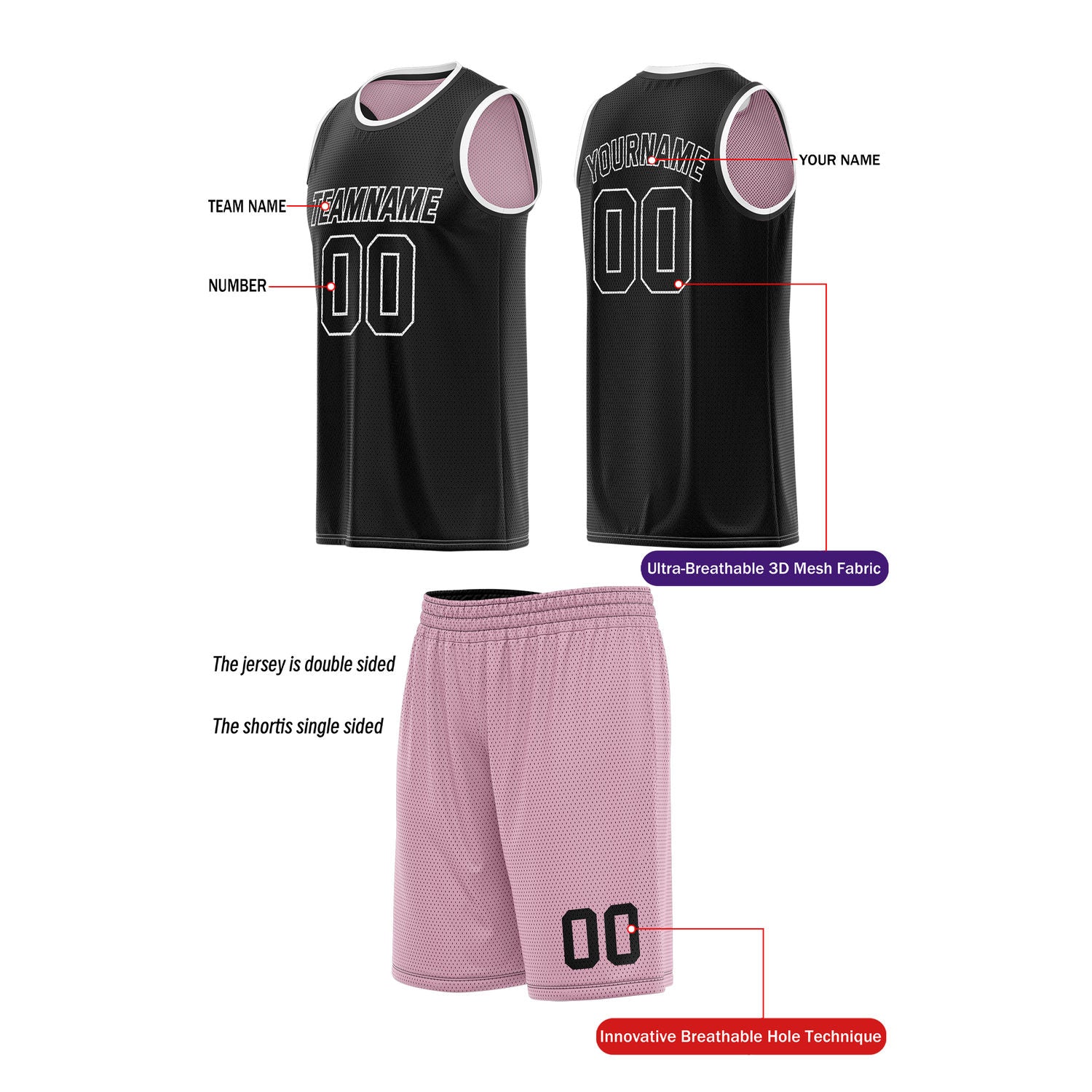 Custom Reversible Black & Pink Basketball Uniform (Jersey + Shorts) | Personalized Team Set | Vosoli