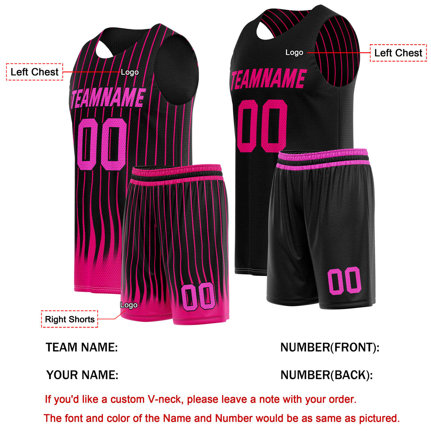 Custom Reversible Basketball Jersey + Shorts Set (Black & Pink Stripe) - Personalized Team Name, Number & LOGO | Vosoli