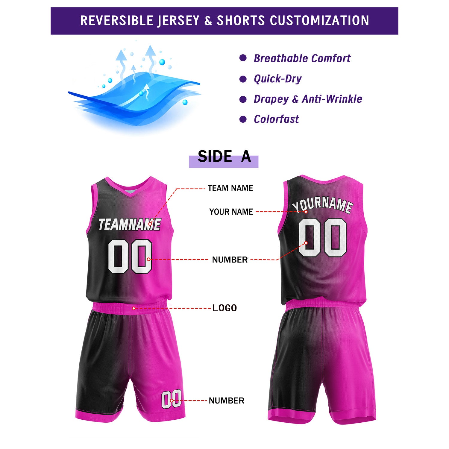 Custom Reversible Black Pink White Basketball Uniform Set | Team & Player Name - Vosoli