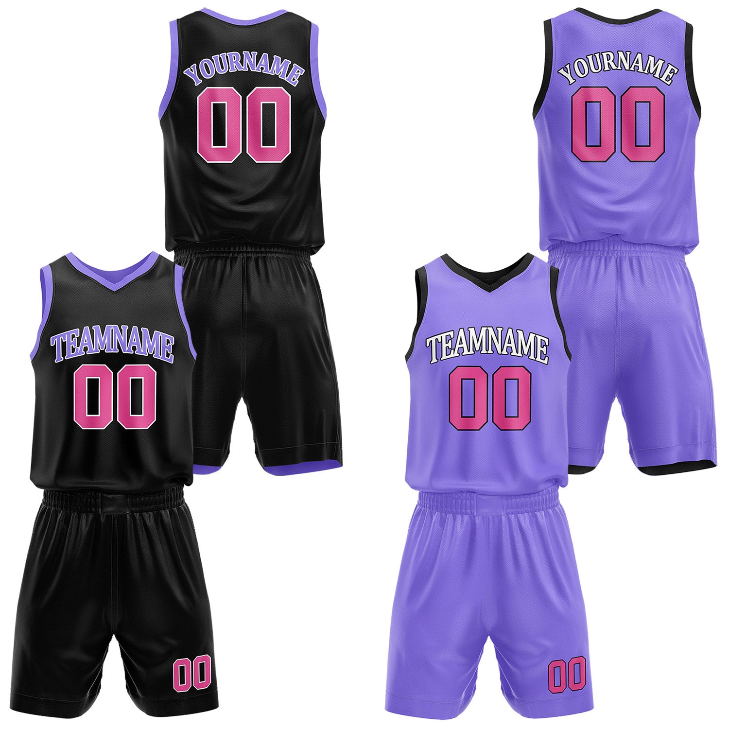 Custom reversible black & purple basketball uniform set, personalized with team name number and logo, sports jersey and shorts for men women youth game practice - Vosoli