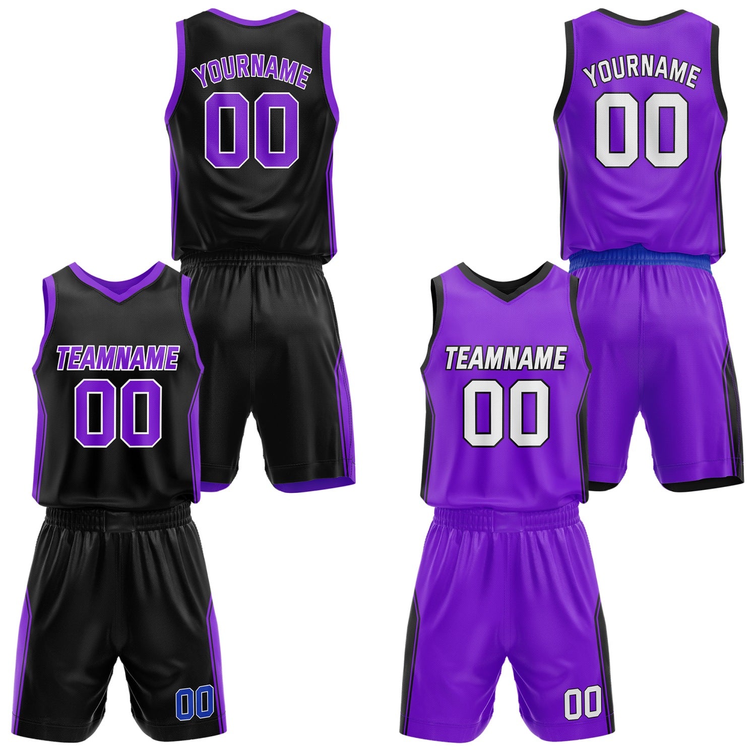 Custom Reversible Black Purple Basketball Jersey and Shorts Set, Personalized Team Name Number Breathable Mesh Uniform for Men Women Youth