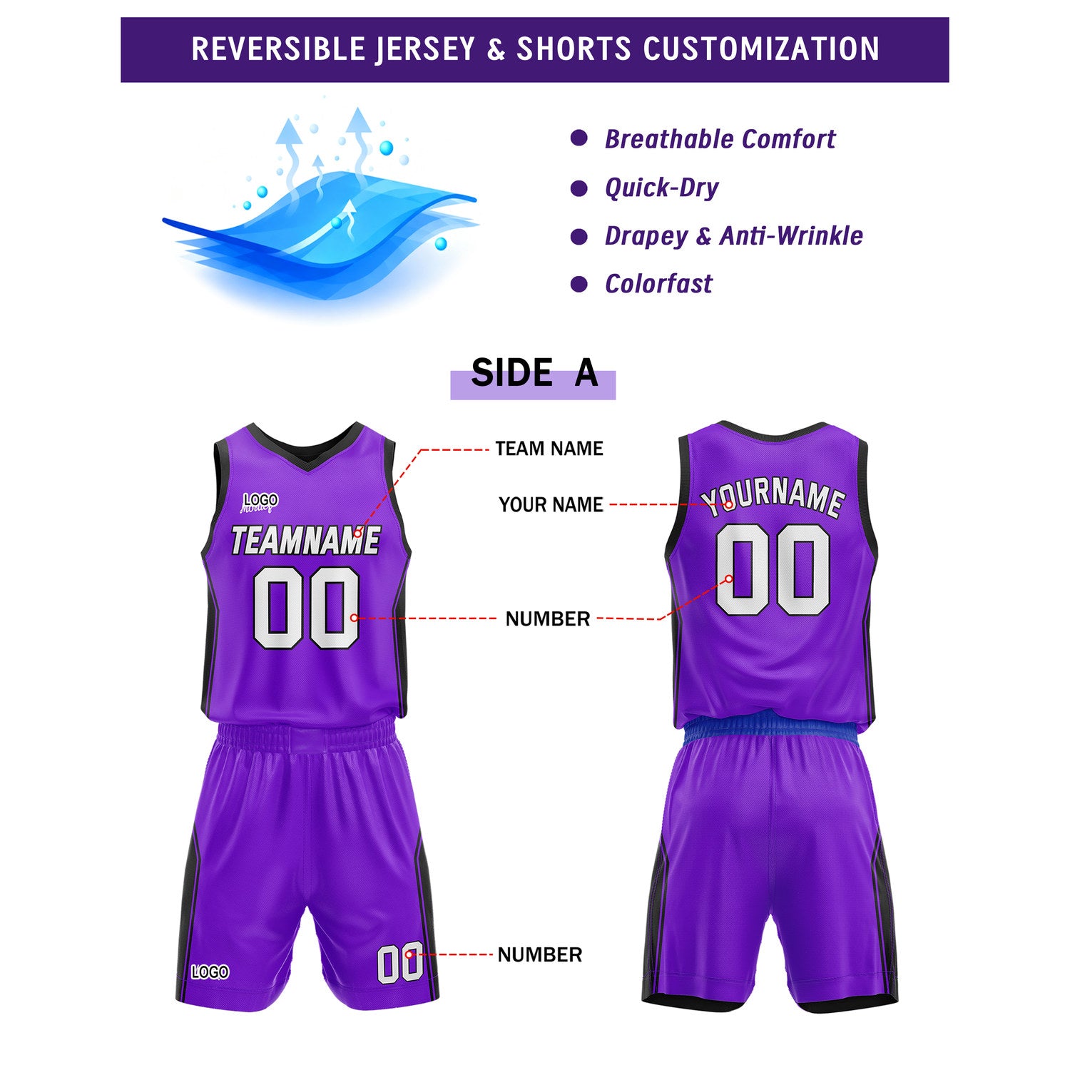 Custom Black Purple Basketball Uniforms for Youth & Adults - Reversible Jersey Set - Vosoli