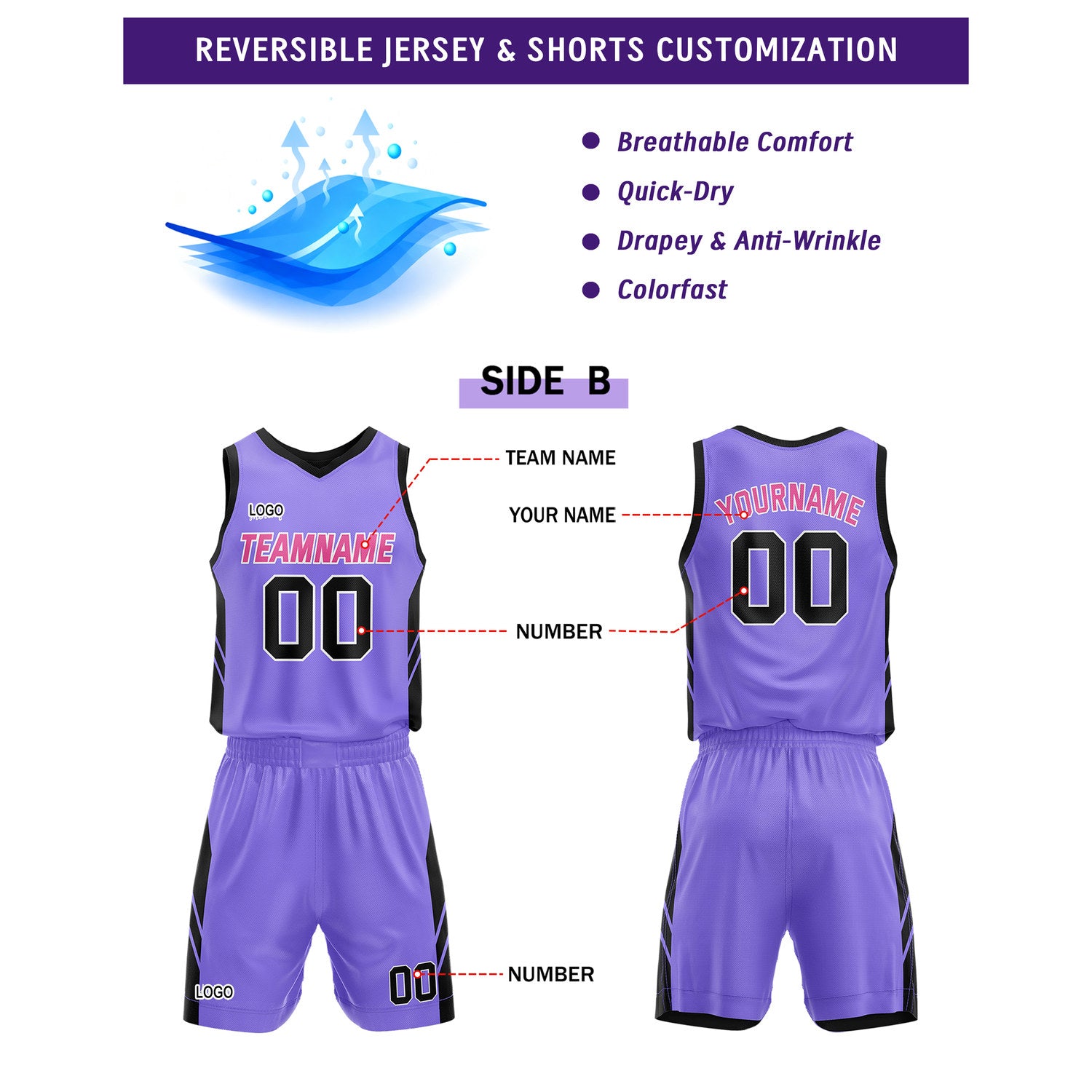 Custom Black Purple Basketball Uniforms for Youth & Adults - Reversible Jersey Set - Vosoli