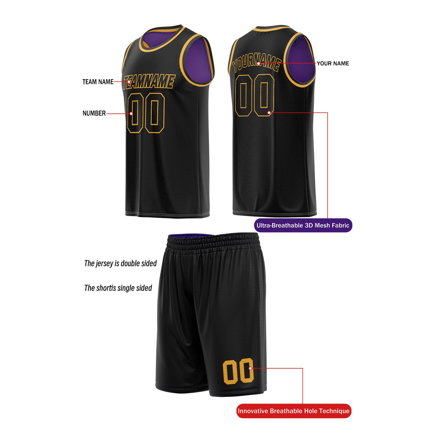 Custom Reversible Black & Purple Basketball Uniform (Jersey + Shorts) | Personalized Team Set | Vosoli
