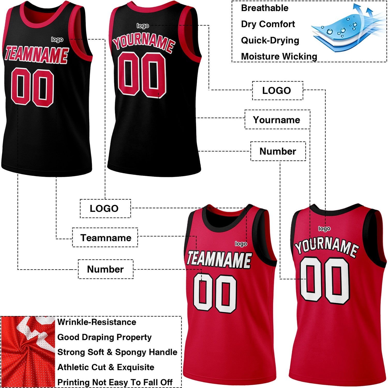 Custom Reversible Black & Red Basketball Jersey | Personalized Team Jersey | Vosoli