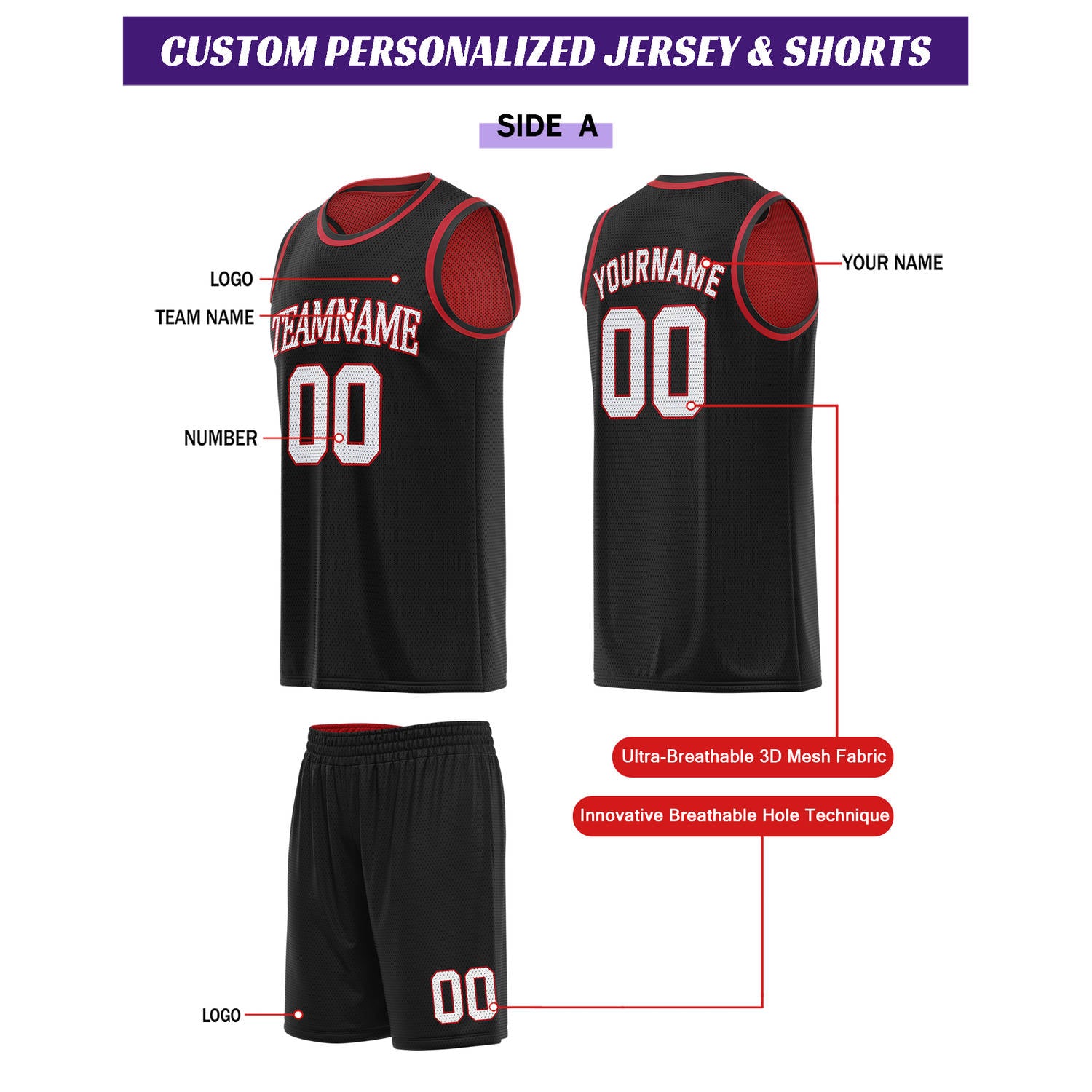 Custom Reversible Black & Red Basketball Uniform Set | Personalized for Team Sports Practice - Vosoli
